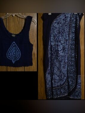 2-piece - Blue Sleeveless Smocked Crop Top with Wrap Skirt - Size M-L